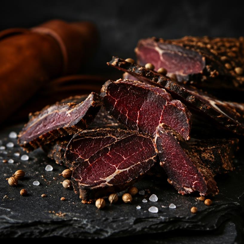 Sliced beef biltong on a slate board