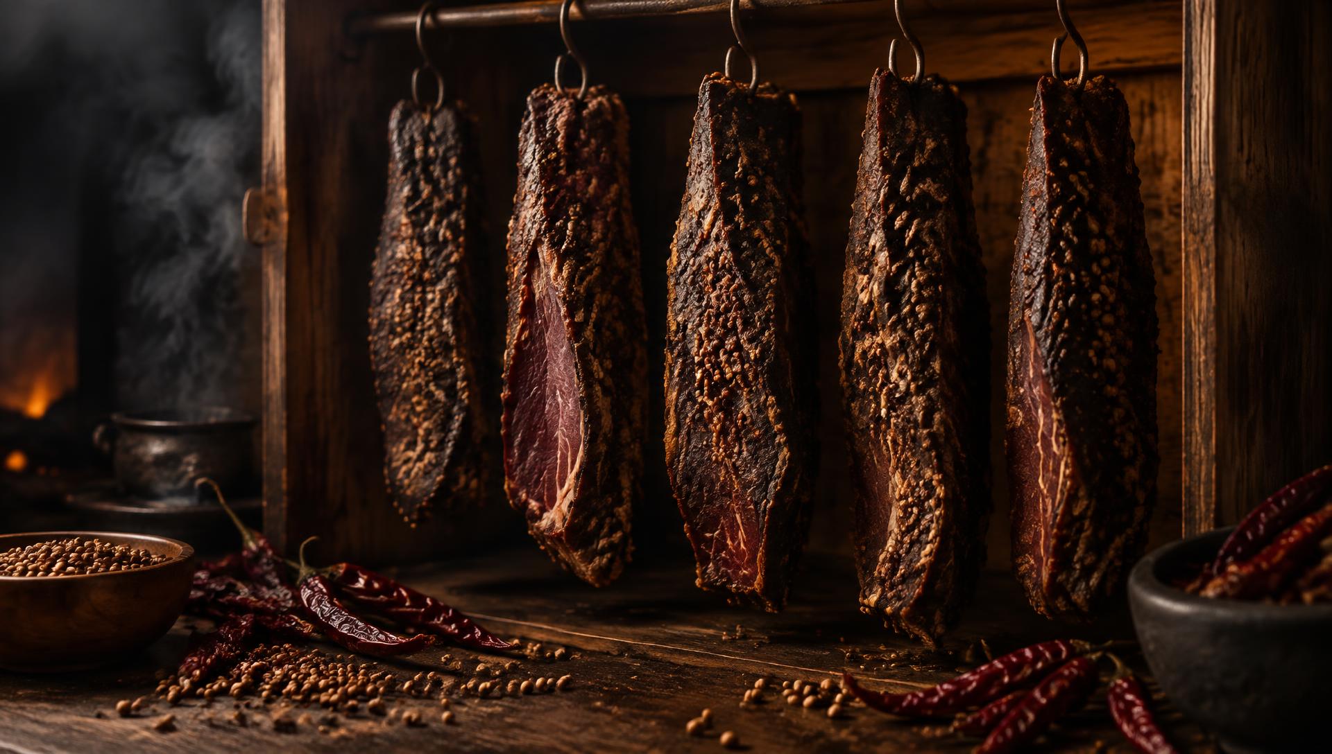Beef biltong hanging on hooks in a wooden drying box